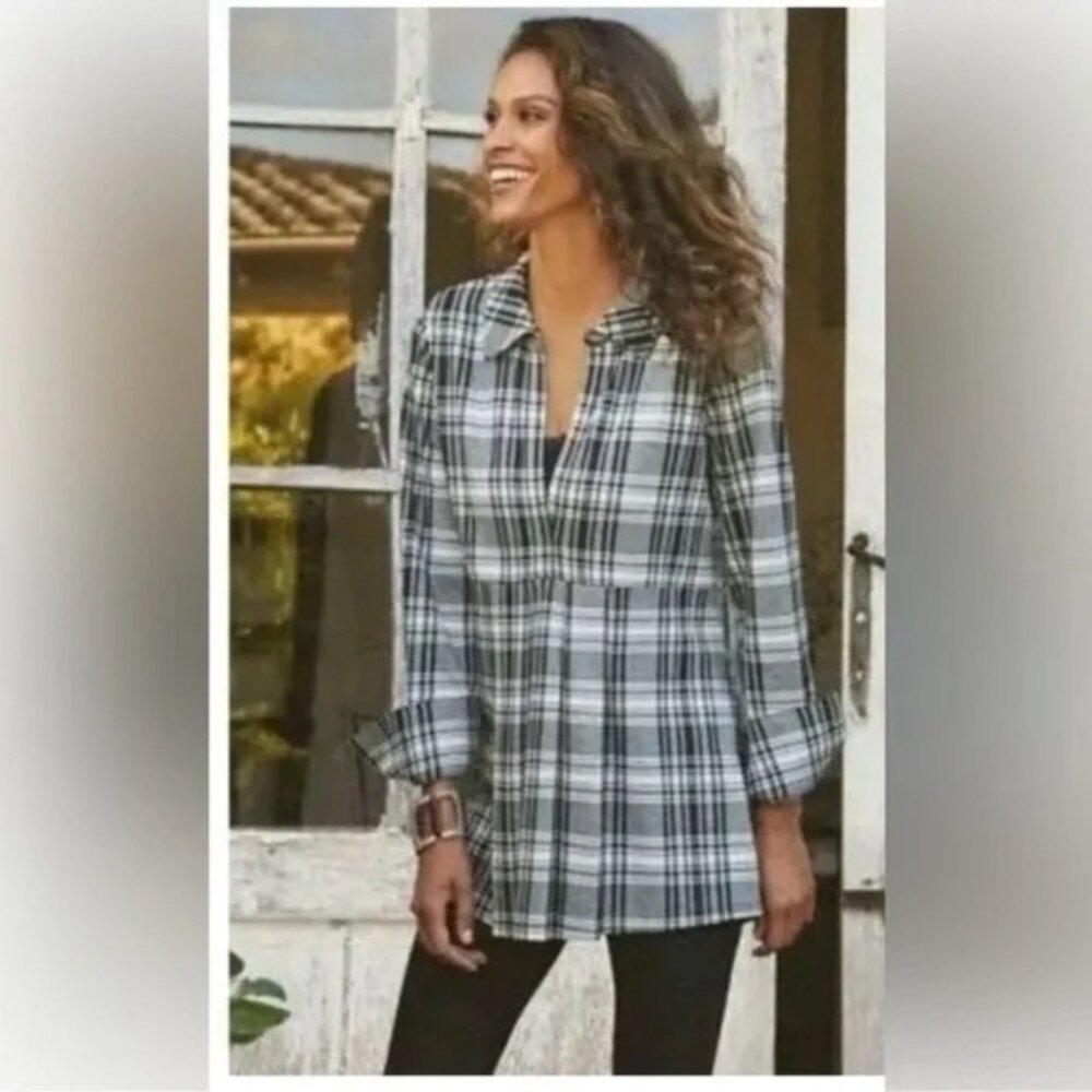 Soft Surroundings Ryden Buffalo Plaid  Peplum Tunic Black White size large